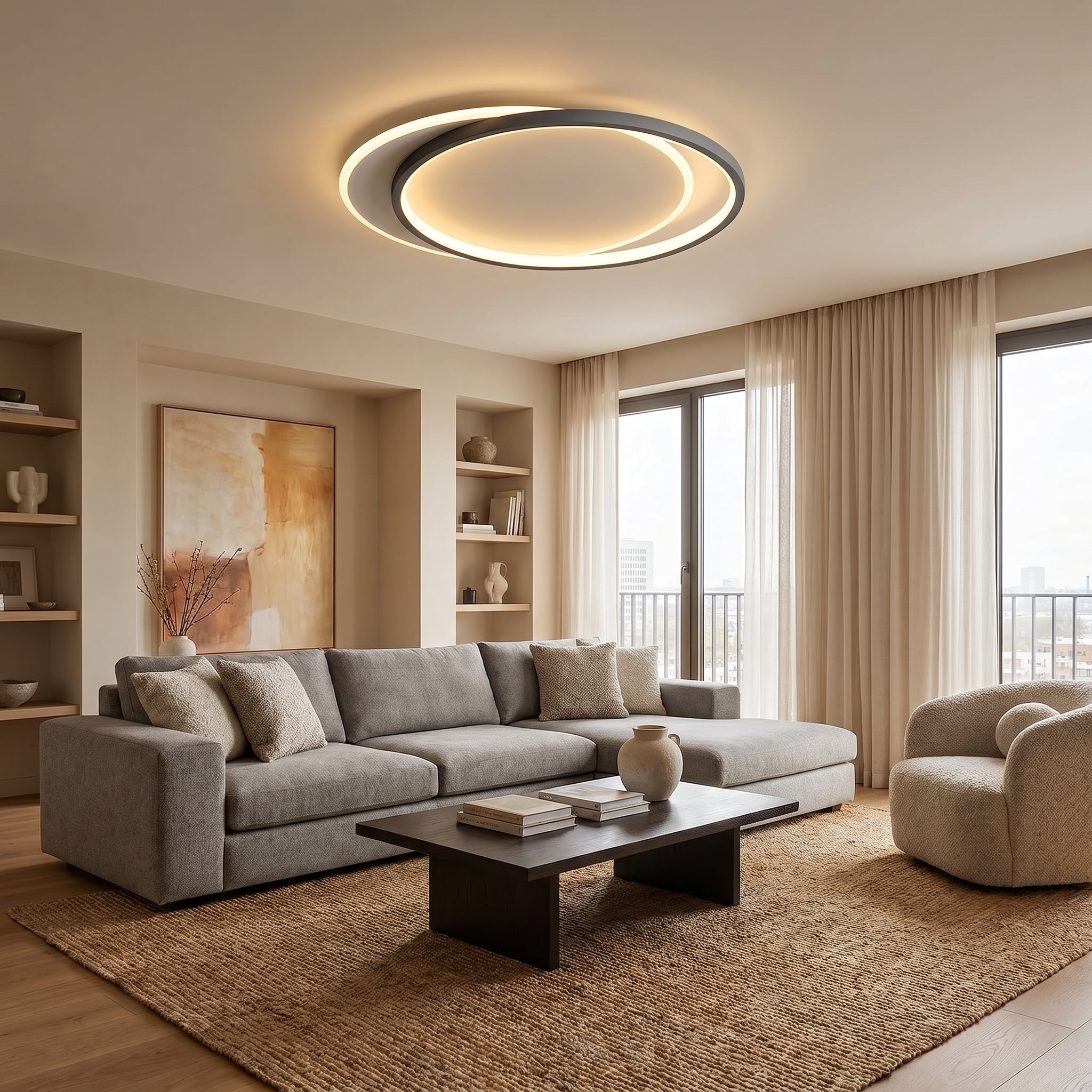 Double Ring Black Ceiling Light With Remote Dimmer