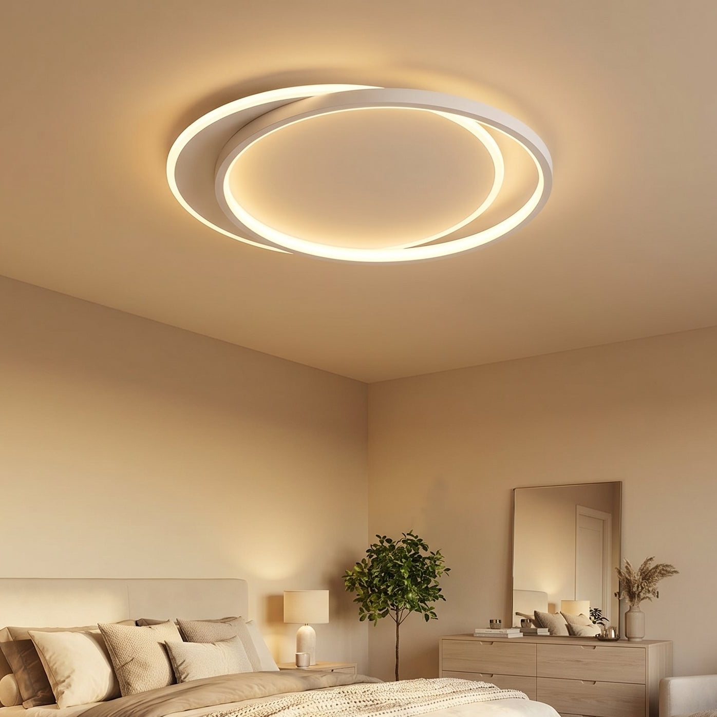 Double Ring White Ceiling Light With Remote Dimmer