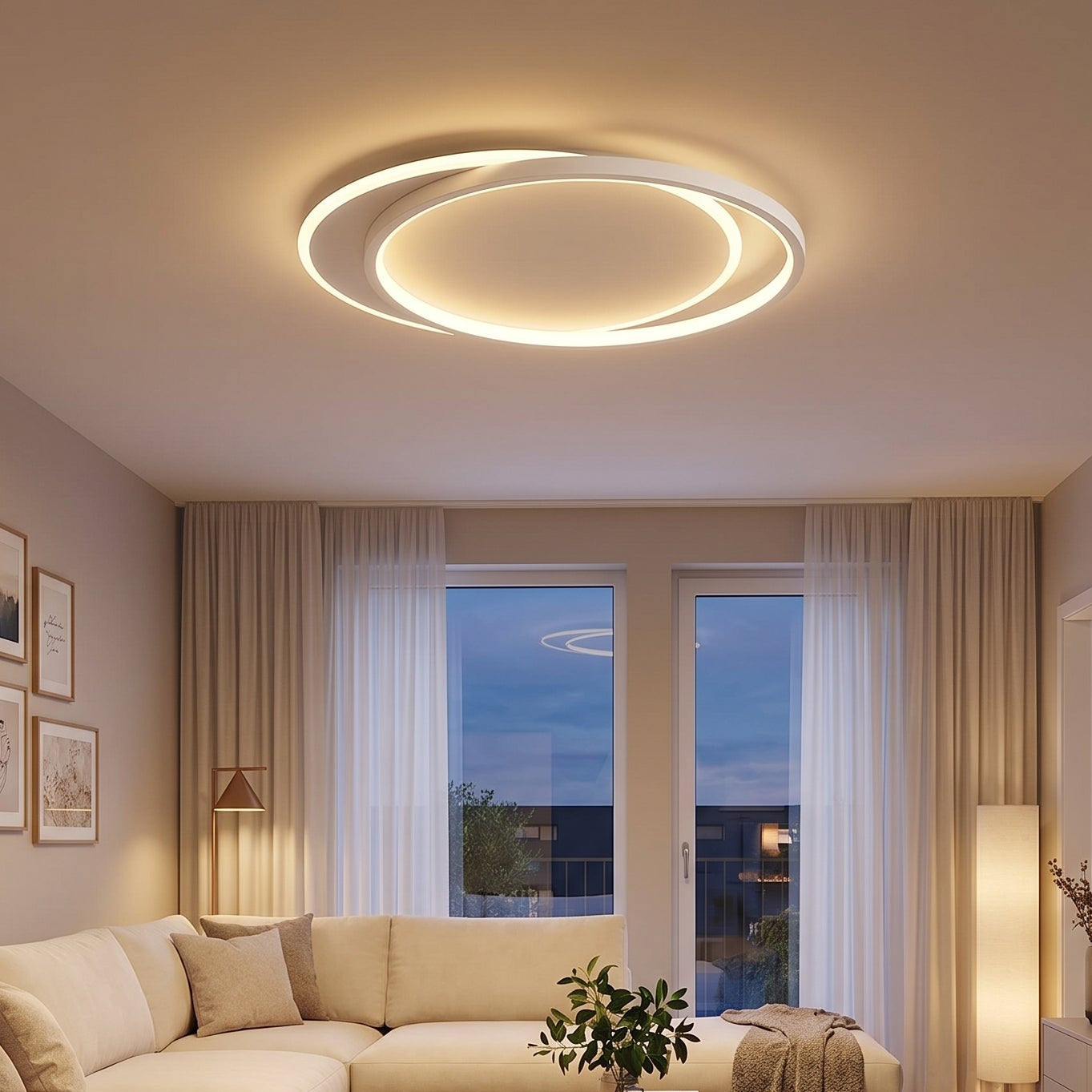 Double Ring White Ceiling Light With Remote Dimmer