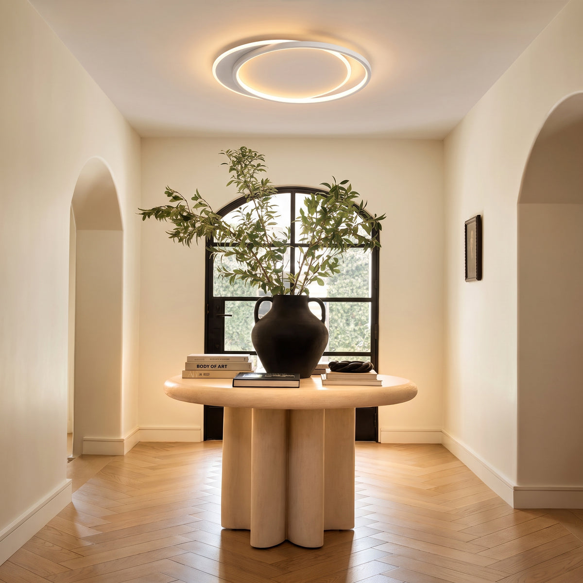 Double Ring White Ceiling Light With Remote Dimmer