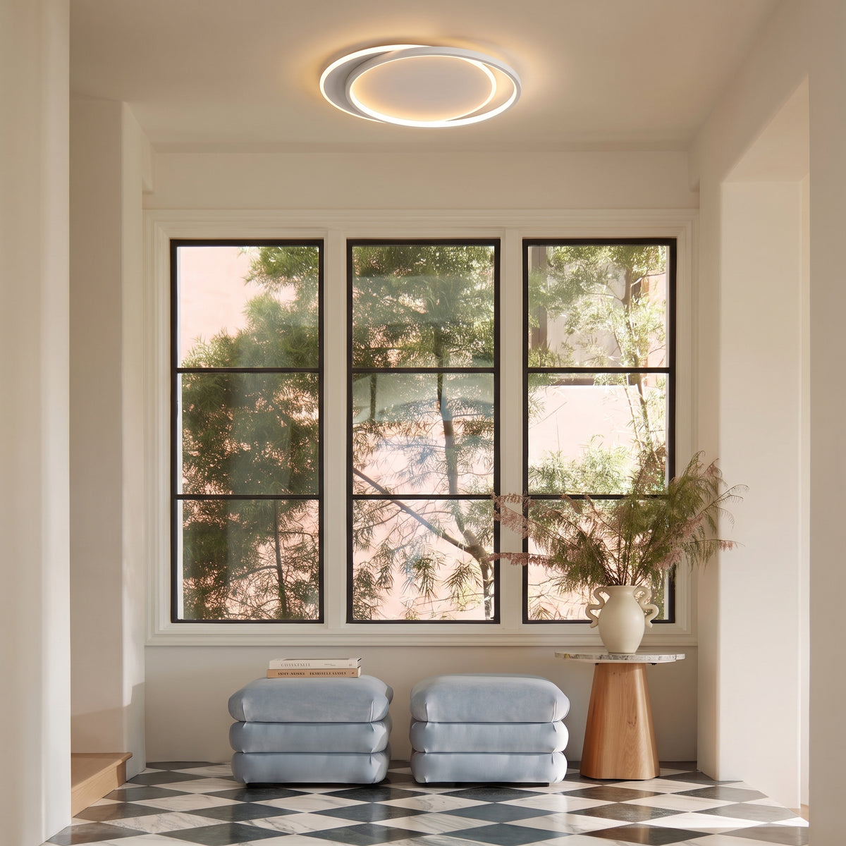 Double Ring White Ceiling Light With Remote Dimmer
